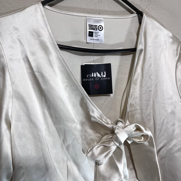 New House of Aama X Target Satin Blouse Shirt Ivory Bow neck sz XL NWT career - Picture 3 of 8